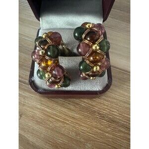 Vintage Crescent Beaded Clip On Earrings